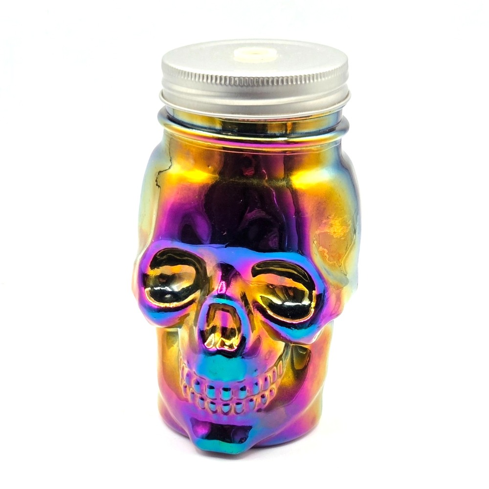 Skull Skeleton Irridescent Glass Jar with Metal Lid for Straw Halloween